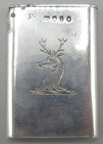 Victorian silver rectangular vesta case, engraved with initials and Stag Head crest, hinged lid