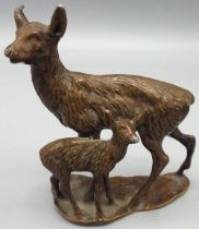 Small cold painted cast lead model of a Red Hind deer with calf, on shaped base, H8cm L8cm