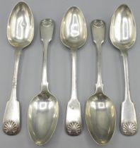 Set of five William IV silver double struck Fiddle and Shell pattern tablespoons, William