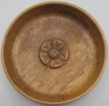 Yorkshire Oak - an oak circular fruit bowl, relief carved to centre with a Yorkshire Rose, D22cm