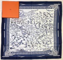 Hermes silk scarf, 'Libres Comme L'air', designed by Annie Faivre c2003, geese taking flight,