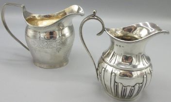 George 111 silver cream jug, ovoid body engraved with coral and floral band in dot prick border,