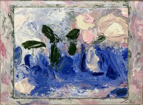 George Hainsworth (British Contemporary); 'Pink Roses (Oblong on Oblong)', impasto oil on board,