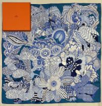 Hermes silk scarf, ‘Fleurs D’indiennes’, designed by Aline Honor c2011, vibrant blue cluster of