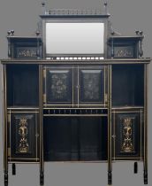 Aesthetic Movement ebonised and gilt side cabinet, raised mirror back above two doors painted with