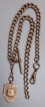 9ct rose gold double Albert with attached 9ct gold shield fob, both stamped 375, 54.5g