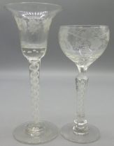 Antique wine glass, bell shaped bowl engraved with hops, tapered opaque air twist stem on stepped