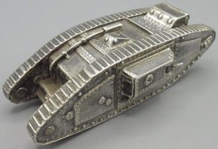 George V silver model of a WW1 Tank by Elkington & Co Ltd Birmingham 1919, L12.5cm W6cm 12.3ozt