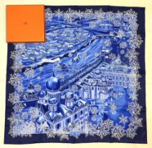 Hermes silk scarf, 'Le passage a Moscou', designed by Nathalie Vialars c2008, snow covered city in