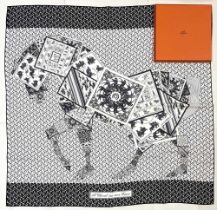 Hermes silk scarf, 'A Cheval Sue Mon Carre', designed by Balli Barret c2010, black and white horse