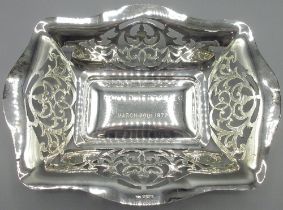 George V silver rectangular bread basket with pierced waived edge sides, engraved with