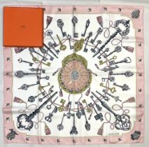 Hermes silk scarf, 'Les Cles', designed by Caty Latham, reissue of the c1965 original, pink and