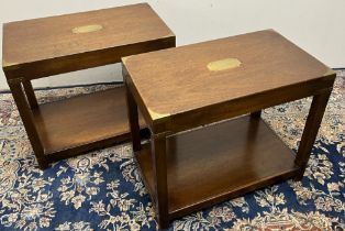 Pair of Campaign style brass banded mahogany rectangular two tier lamp tables, W61cm D36cm H51cm (2)