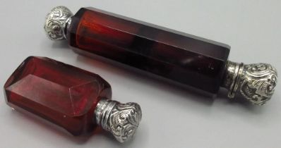 Victorian silver mounted rectangular faceted red cranberry glass scent bottle with hinged repousse