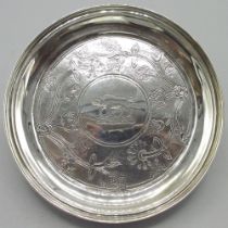 Small William 1V silver circular card tray, engraved to centre with a Boar in trailing foliate