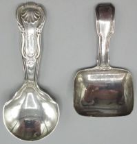 George 111 silver caddy spoon with Fiddle and thread handle, Birmingham 1818 and a William 1V silver