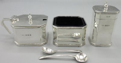 George V1 hallmarked silver three-piece cruet set,shaped rectangular bodies with gadrooned