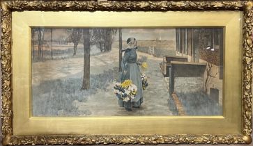 After George Hitchcock (American 1850-1913); 'Flower Girl in Holland' colour print in oak leaf and