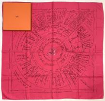 Hermes silk scarf, 'Naissance d'une Idée', designed by Michel Duchene c2004, pink/red colourway