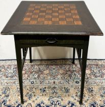 Art Nouveau Liberty style green stained games table, moulded square top inlaid for chess, fretwork