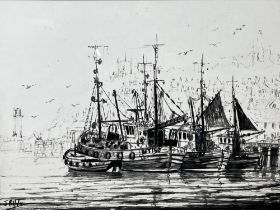 Jack Rigg (British 1927-2023); Whitby and other fishing boats in Whitby harbour, monochrome