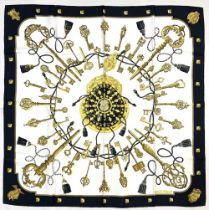 Hermes silk scarf, 'Les Cles', designed by Caty Latham c1965, reissue, black & white colourway, hand