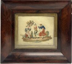 19th century woolwork picture, worked in colours with three dancing figures, in gilt slip and