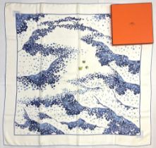 Hermes silk scarf, 'Trois Feuilles', designed by Catherine Baschet c2004, 'Three Leaves' in blue and