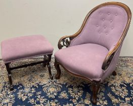 Victorian upholstered nursing chair, moulded arched buttoned back with pierced arms and serpentine