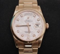 Rolex Oyster Perpetual Day-Date 18ct rose gold wristwatch, signed meteorite dial with