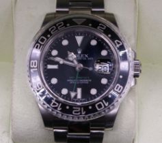 Rolex Oyster Perpetual Date GMT-Master II stainless steel wristwatch, signed black dial with baton