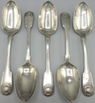 Set of five William IV silver double struck Fiddle and Shell pattern tablespoons, Henry Hyams London