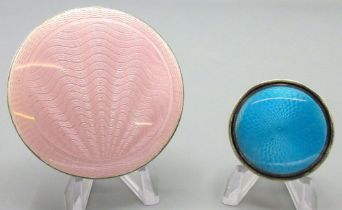 George V1 silver and enamel circular powder compact with pink radiating guilloche enamel hinged lid,