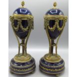 Pair of Louis XVI style ormolu mounted blue porcelain casolettes, egg shaped bodies with