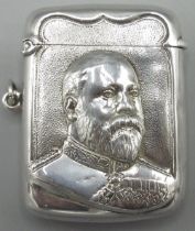 Edward V11 silver rectangular vesta case, relief decorated with a portrait of the King, hinged top