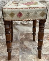 Victorian square stool, with woolwork upholstered top on ring turned mahogany outsplayed supports,