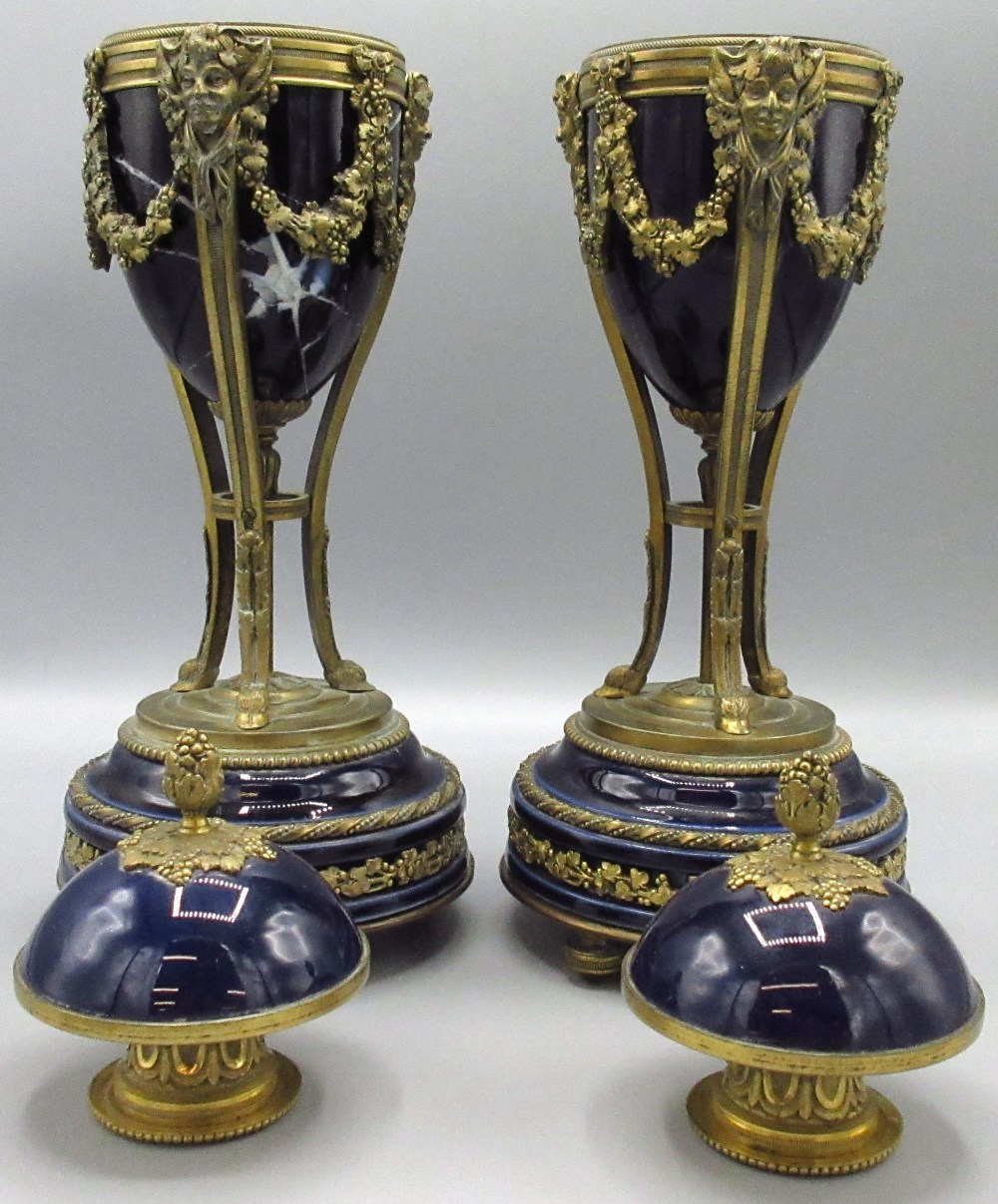 Pair of Louis XVI style ormolu mounted blue porcelain casolettes, egg shaped bodies with - Image 3 of 3