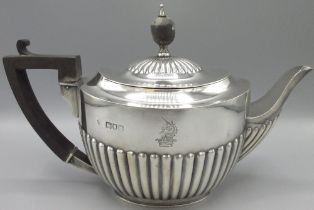 WITHDRAWN - Edward V11 silver tea pot, oval half lobed body with ebonised handle and finial, engra