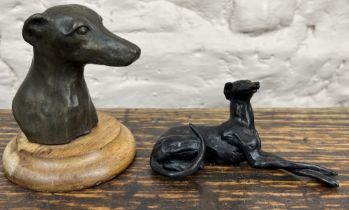 Tudorcast bronze model of the head and neck of a Greyhound, by Douglas Gray on turned wooden base,