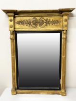 Regency giltwood and gesso pier mirror, breakfront cornice with anthemion frieze, rectangular