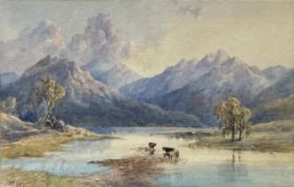 Henry Pilleau (British 1813-1899); Cattle watering in an extensive landscape, watercolour, signed