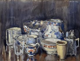 Frederick (Fred) Lawson (British 1888-1968); Staffordshire Pottery and glassware on a table,