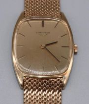 Longines 9ct gold wristwatch on integrated hallmarked Milanese bracelet, signed brushed gold tone