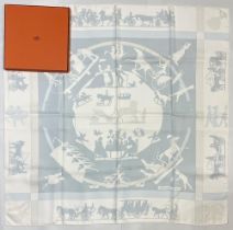 Hermes silk scarf, 'Jeux D'ombres', designed by Loic Dubigeon c2004, horses, carriages and