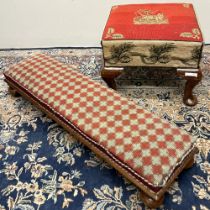 Victorian rectangular footstool, with geometric woolwork top on mushroom turned feet, W83cm and a