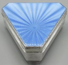 George V silver and enamel triangular ring box with blue radiating guilloche enamel hinged lid, on