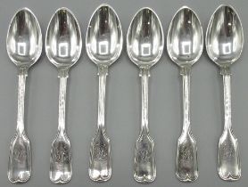 Set of six George 1V Scottish silver Fiddle and Thread pattern tea spoons, Mitchell & Sons Glasgow