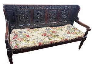 17th century oak settle, panelled wing back relief carved RM IM 1660, rope slung seat with open arms