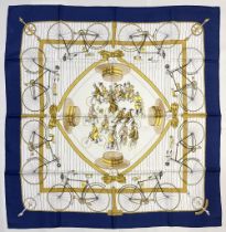 Hermes silk scarf, 'Les Becanes', designed by Hugo Grygkar c1953, reissue, white and navy