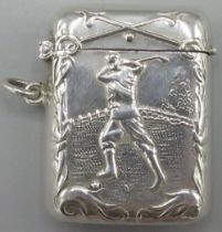 20th century continental silver rectangular vesta case, repoussé decorated with a golfer in full